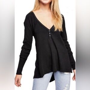 Free People Black Flowy Waffle Textured Henley Size S